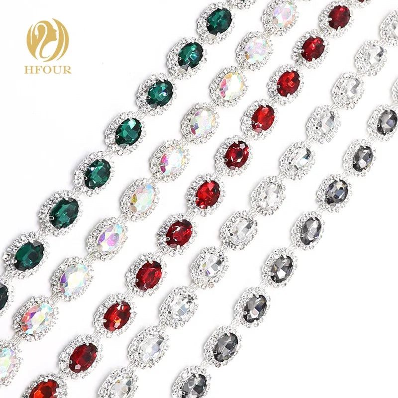 HFour 10*14mm 3D Oval Shape Flatback Glass Loose Rhinestone Chain Sew-On for Garment Bags and DIY Dress Decoration