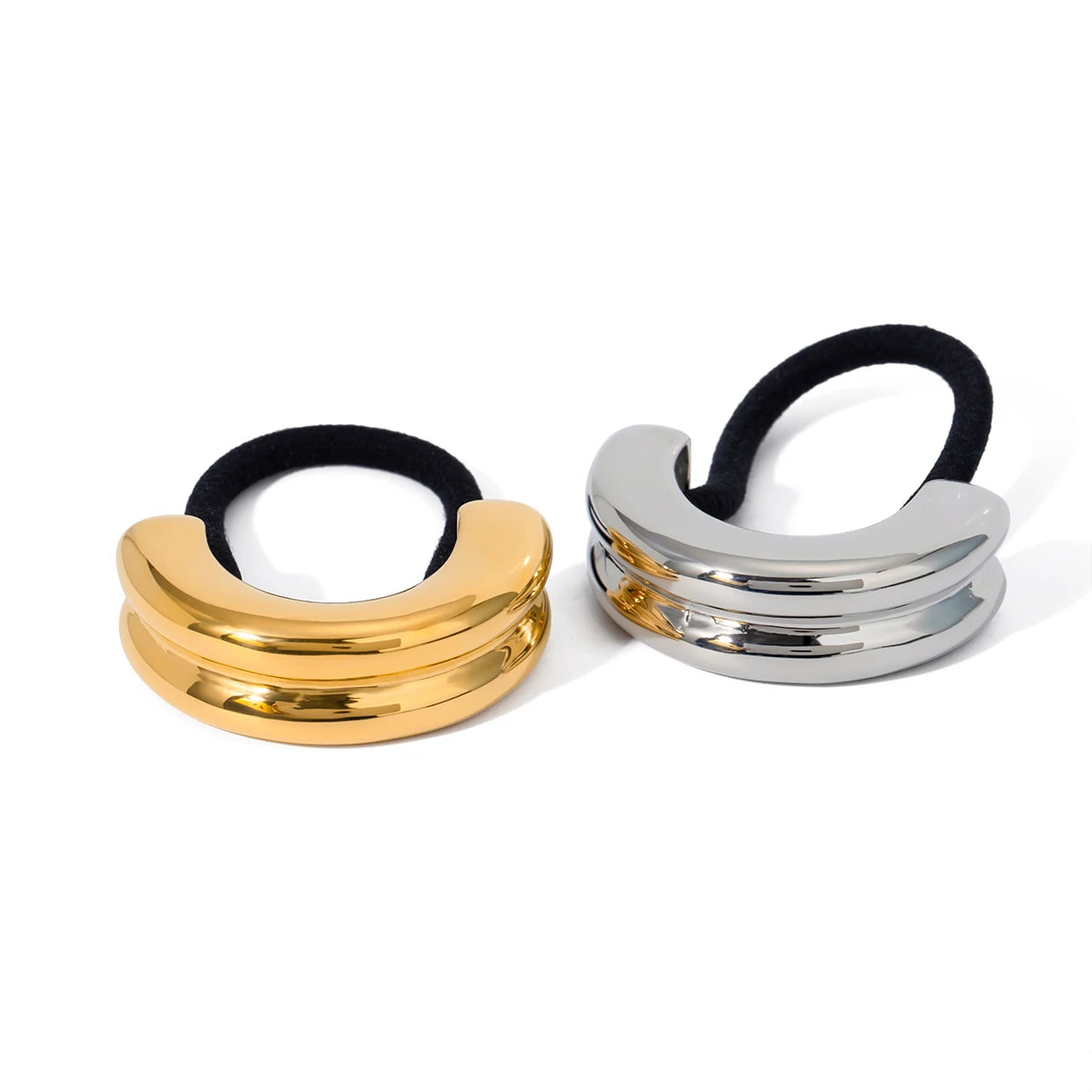 J&D 18K Stainless Steel Waterproof  Rubber Black Elastic Hair Bands GLOSSY DOUBLE ARCH Ponying Cuff