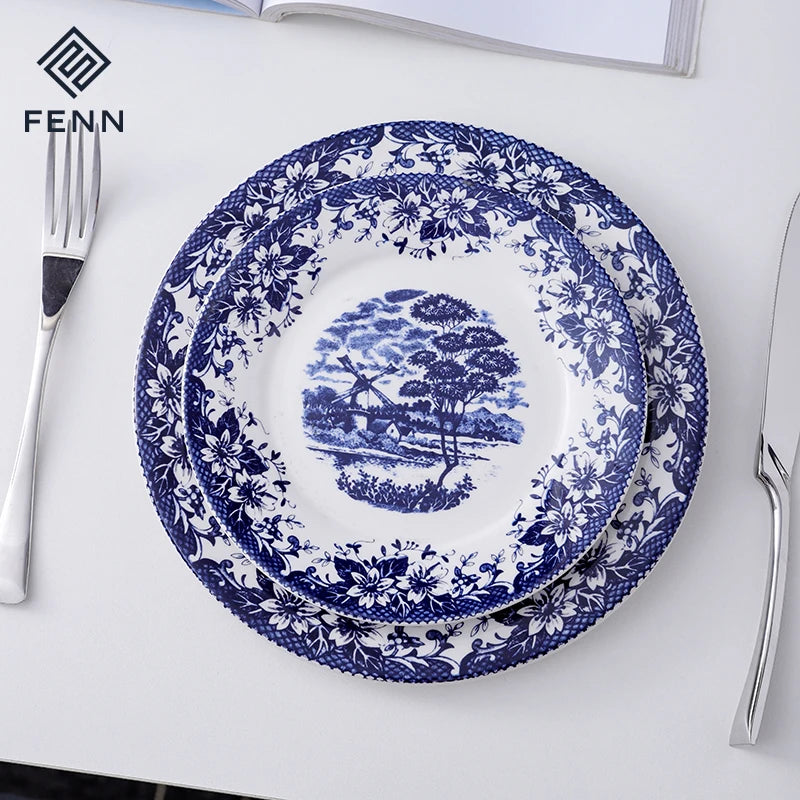 FENN China Suppliers Decals Flower Pattern Food Serving Ceramic Dinner Plate Round Fancy Custom Restaurant Plates for Gifts