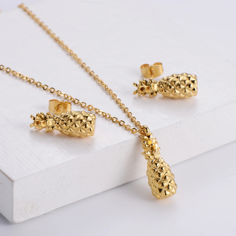 Summer Hawaii Stainless Steel Gold Plated Jewelry Set Cute Tiny Pineapple Stud Earrings and Necklace for Weddings and Parties