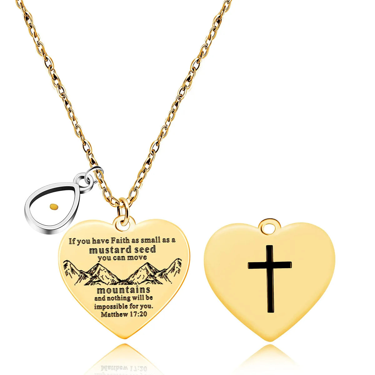 Bible Verse Cross Heart Double Sided Necklace 18K Gold Stainless Steel Mustard Seed Pendant Necklace