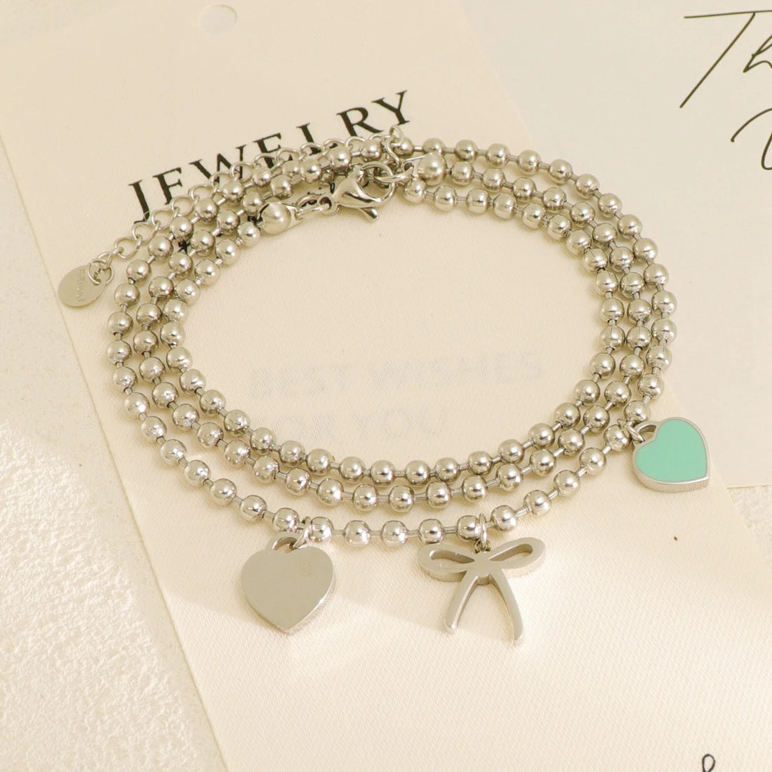Wholesale Heart Beaded Bracelet Customizable Stainless Steel Minimalist Bow Heart Pendant Fresh Round Chain Jewelry for Ladies