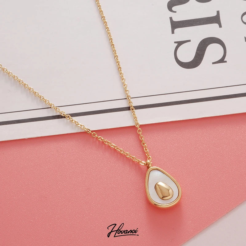 HOVANCI 18K Gold Plated Stainless Steel Chain Necklace Water-Proof Shell Avocado Pendant for Wedding or Gift