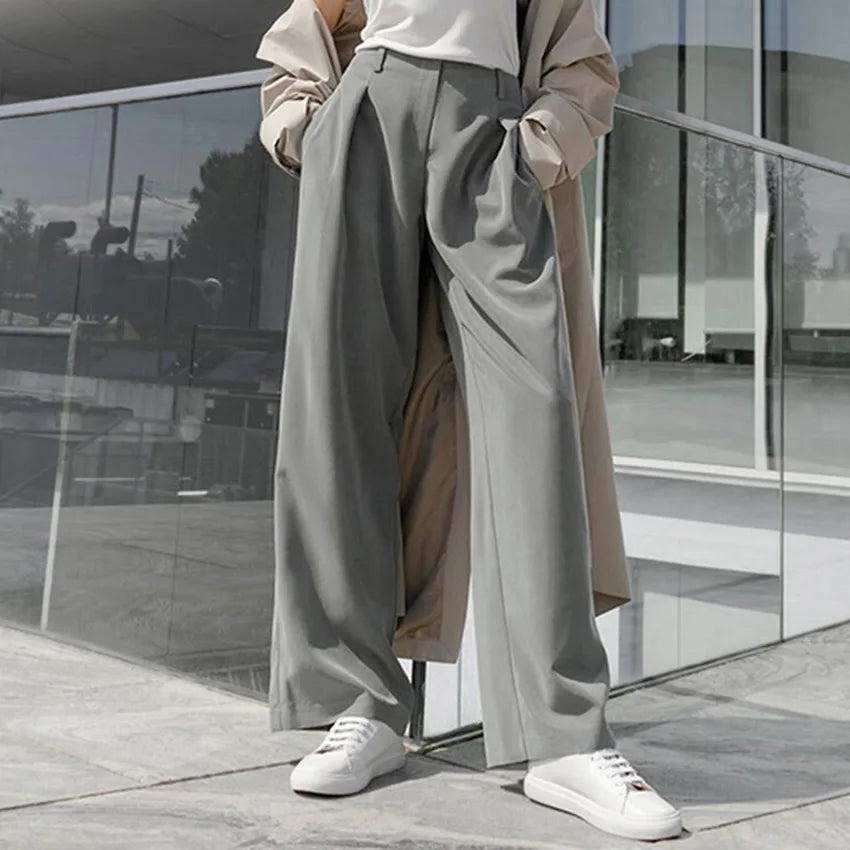 Enyami Elegant Office Women Gray Pants Fashion Unisex Formal Full Length Wide Leg Casual Trousers for Ladies