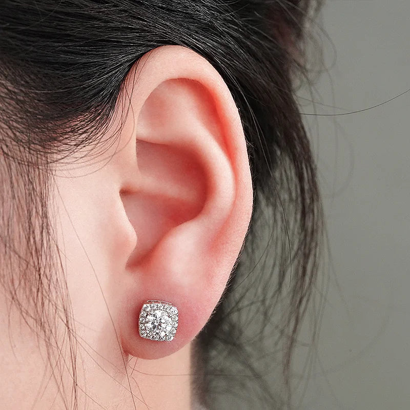 Silver 925 Moissanite Earrings Engagement halo square Shape Stud Earrings Gold Plated 0.5c 1ct Moissanite Earring