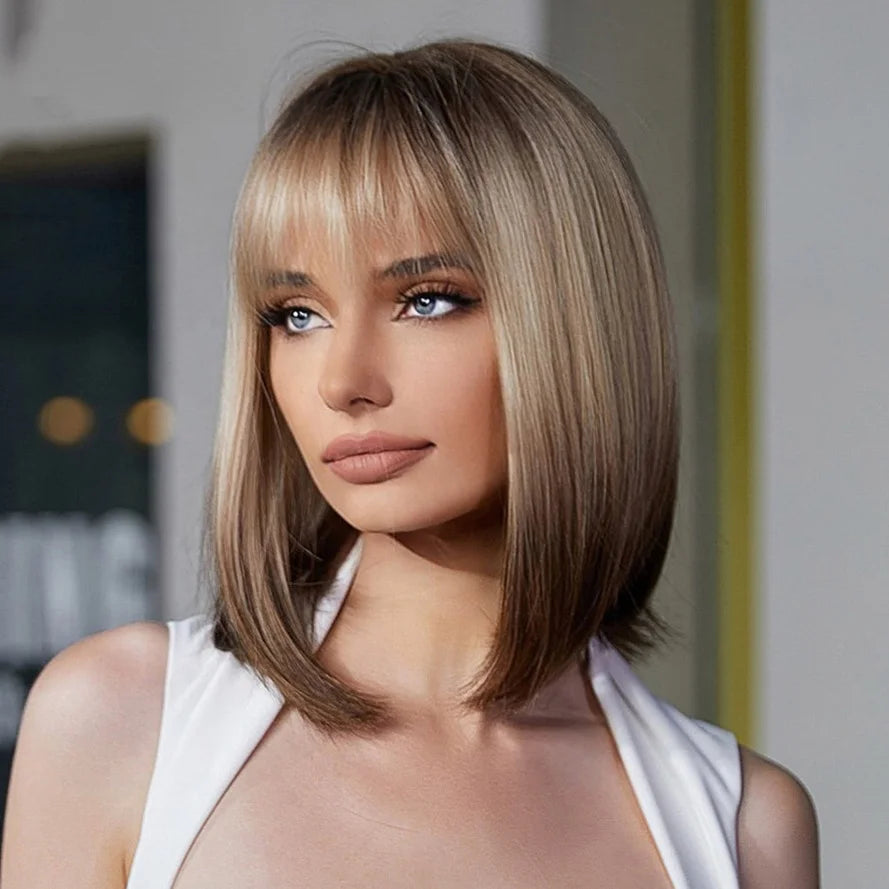 Immediate Delivery Ombre Brown Blonde Wig with Bangs Synthetic Short Bob Straight Wig Women Cosplay Party Wigs Heat Resistant