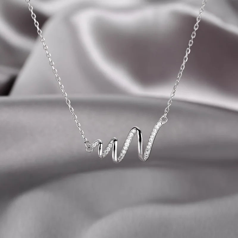 Fashion 925 Sterling Silver Heartbeat Micro-inlay Diamond Clavicle Chain Necklace for Gifts