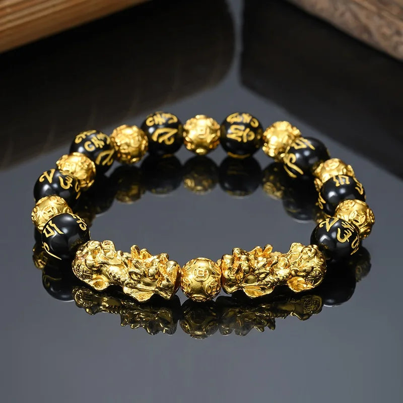 Chinese Feng Shui Pi Xiu Obsidian Wristband Gold Wealth and Good Luck Bracelet Pulsera Obsidian Crystal Beads Bracelet for Men