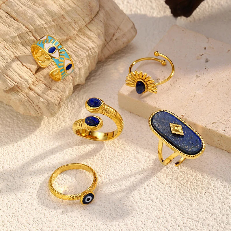 Vintage 18K Gold Plated Inlay Lapis Lazuli Women's Statement Ring Geometric Shape Open Ring Ins Style Stainless Steel Jewelry MegaBDM
