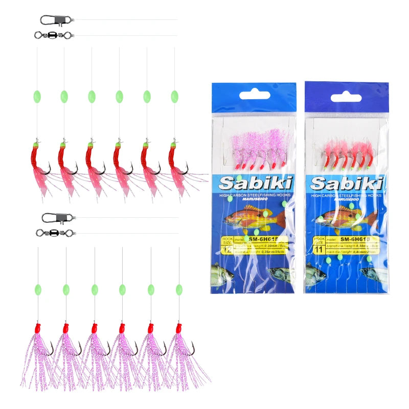 DN 6 Hooks Sabiki Rig Sea Fishing Sabiki Hook Luminous Sabiki Saltwater Fishing with Real Fish Skin or Colorful Feather