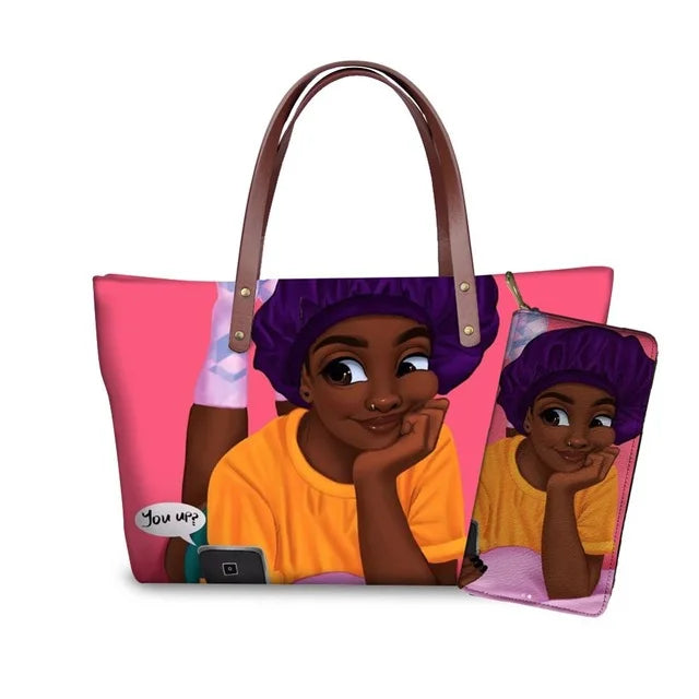 Women's Afro-Printed Black Handbag and Purse Casual 2pcs Summer Beach Shoulder Totes Set with Letter Decoration for Ladies