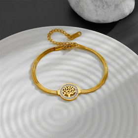Fashion Tree of Life Pendant Zircon Bracelets Round Snake Bone Chain 18k Gold Plated Stainless Steel Bracelets Jewelry for Women