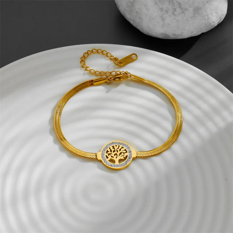 Fashion Tree of Life Pendant Zircon Bracelets Round Snake Bone Chain 18k Gold Plated Stainless Steel Bracelets Jewelry for Women