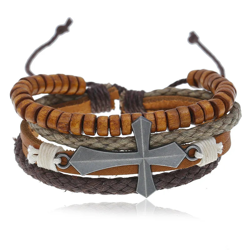Fashion Vintage Style Antique Silver Plated Adjustable Cross Charm Bracelet for Men Women Unisex Handmade