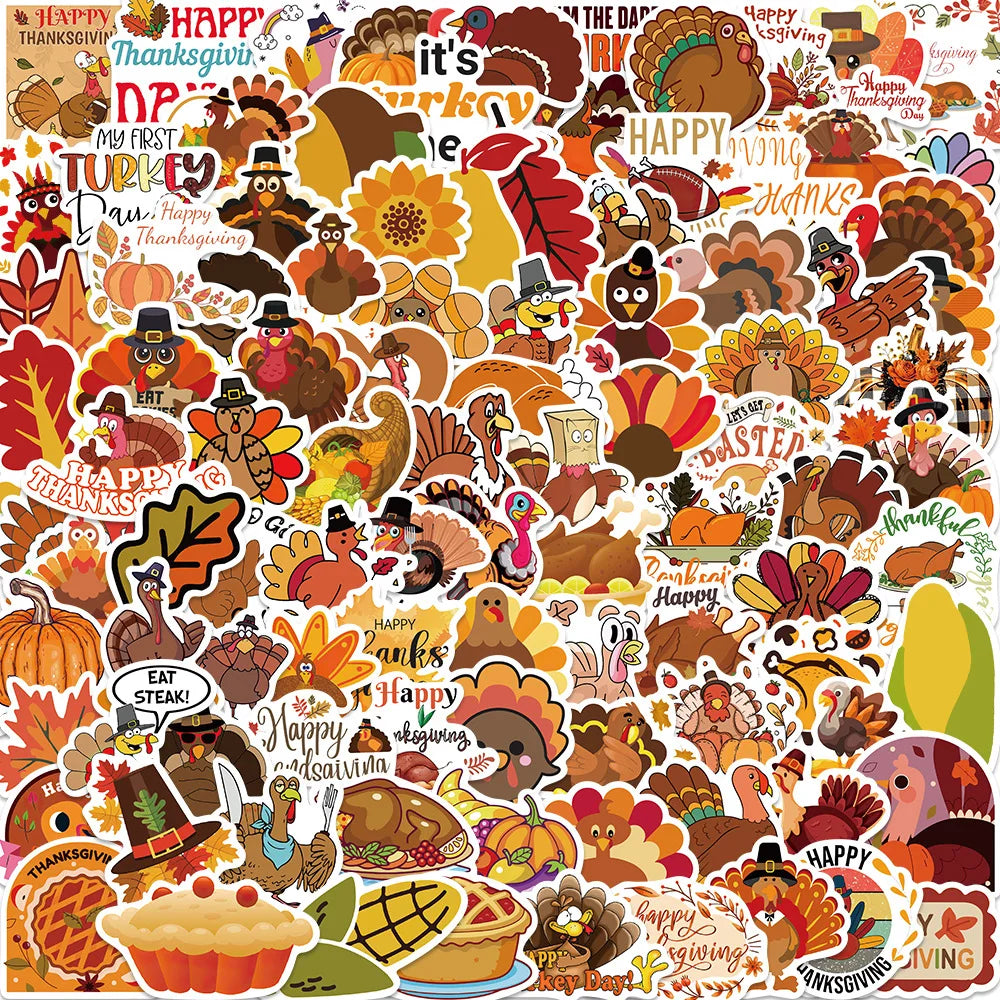100Pcs  Thanksgiving Turkey Graffiti Stickers Skateboard Guitar Decorative Stickers DIY Waterproof Gift Sticker for Kids