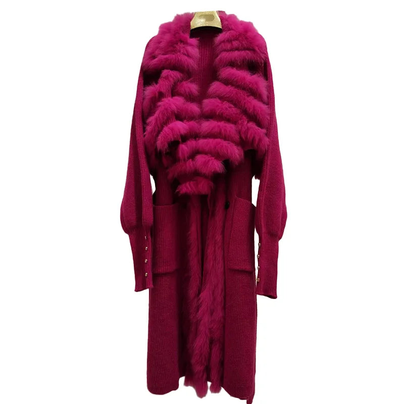 New Design Long Style Knitting Sweater Women Elegant Cardigan With Fox Fur