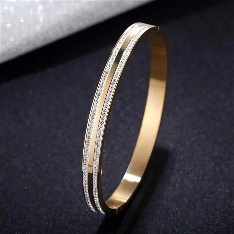 MARONEW Crystal Pave Fashion 14k or 18k Gold Double Layer Bangle Bracelet Rhinestone Women Stainless Steel Jewelry