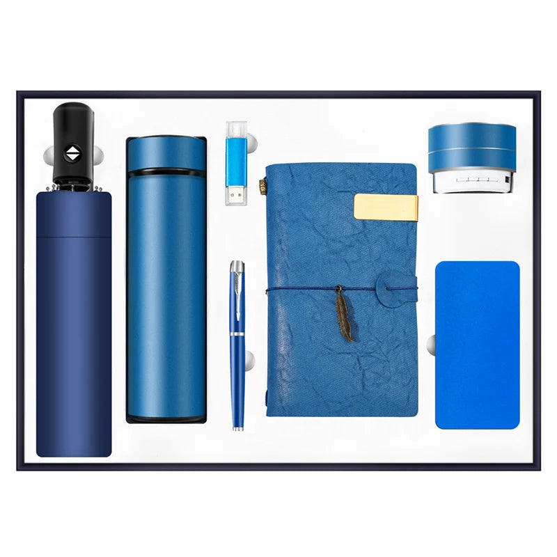 Trending New Product Business Notebook Gift Set with Power Bank Vacuum Cup Umbrella Bluetooth Mouse Name Card case Key Chain Pen