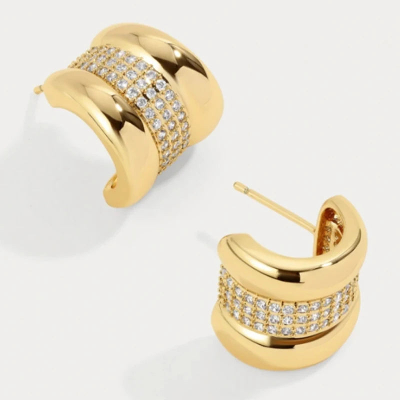 Hundreds of Brass Electroplated 18k Gold and Silver C-Shaped Inlaid Zirconia Earrings Women's Wholesale Jewellery