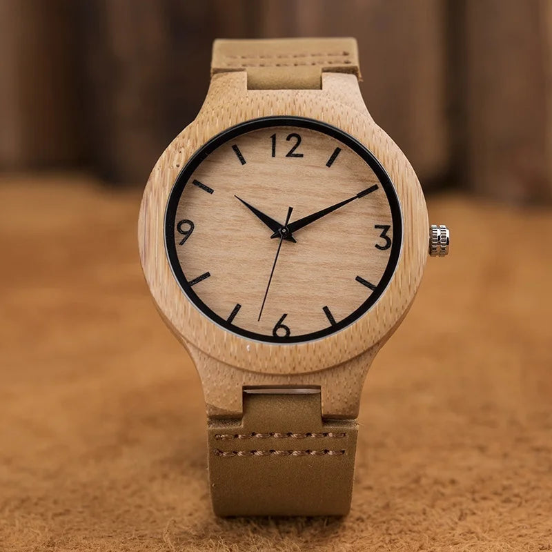 Vintage Sport Fashion Quartz Wood Watch OEM for Men Leather Strap Natural Handmade Bamboo Case Pointer Dial Chronograph Custom