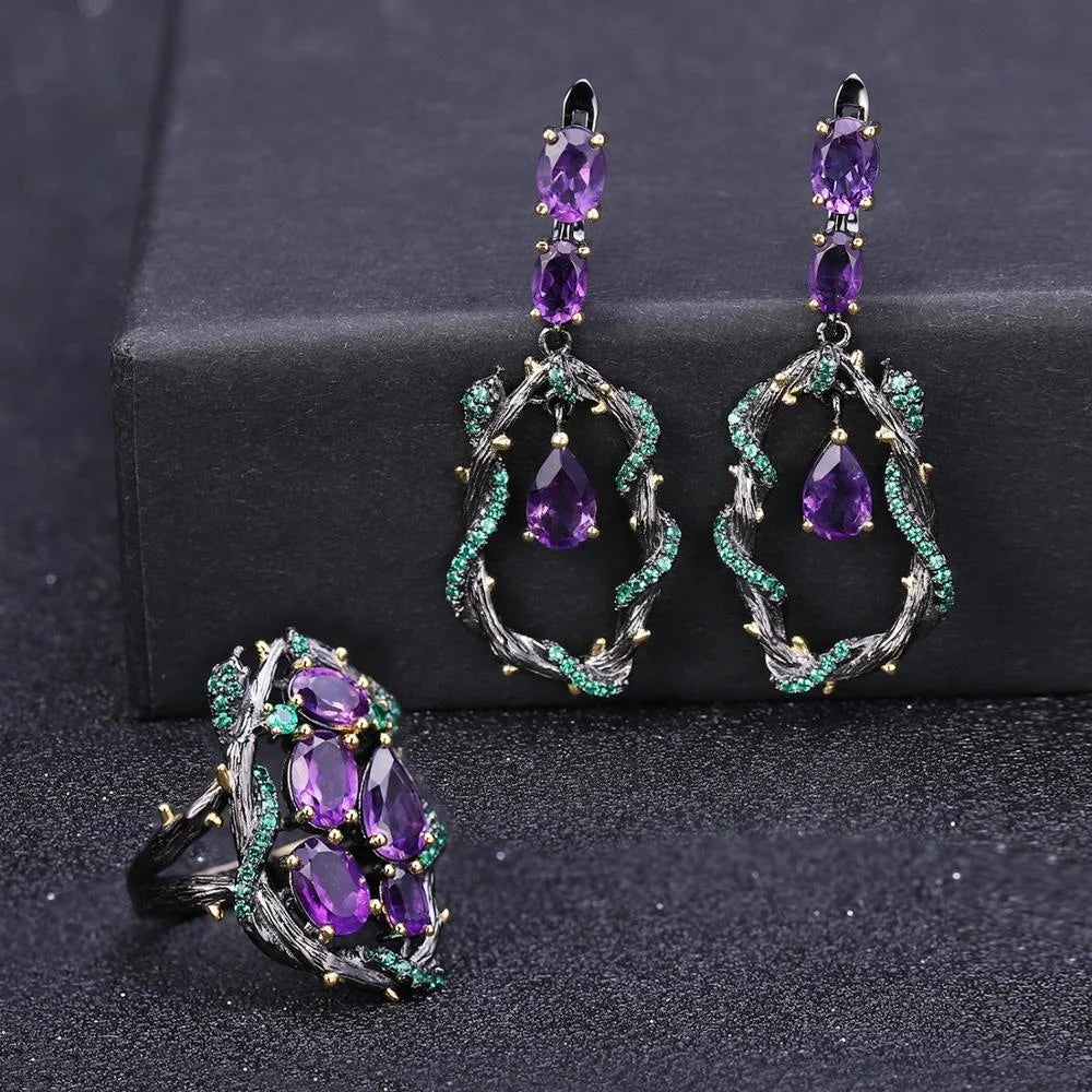 Abiding Ring Earring Set Handmade Snake Hollow Natural Amethyst Gemstone 925 Sterling Silver Jewelry Sets for Women Bridal