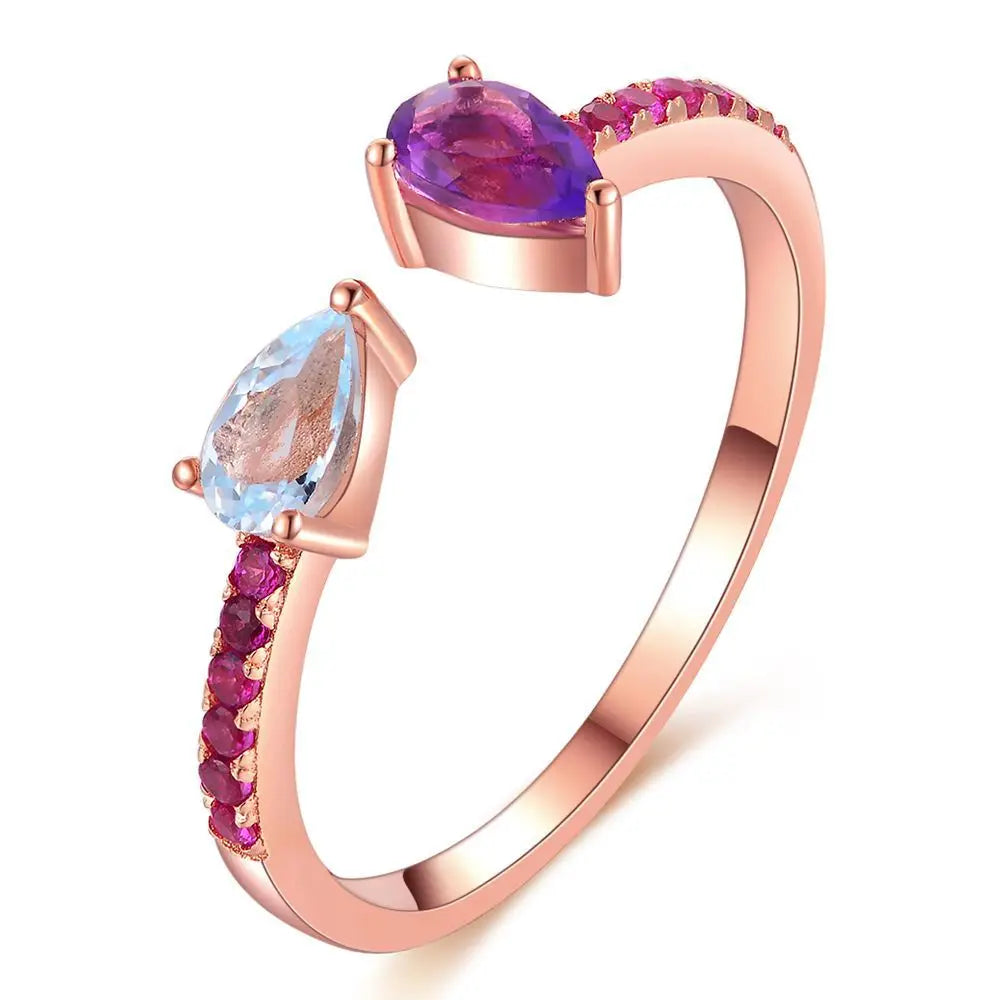 LAMOON 925 Sterling Silver Ring Topaz Amethyst Gemstone Ring 18K Rose Gold Plated Fine Jewelry TearDrop Womens Jewellery