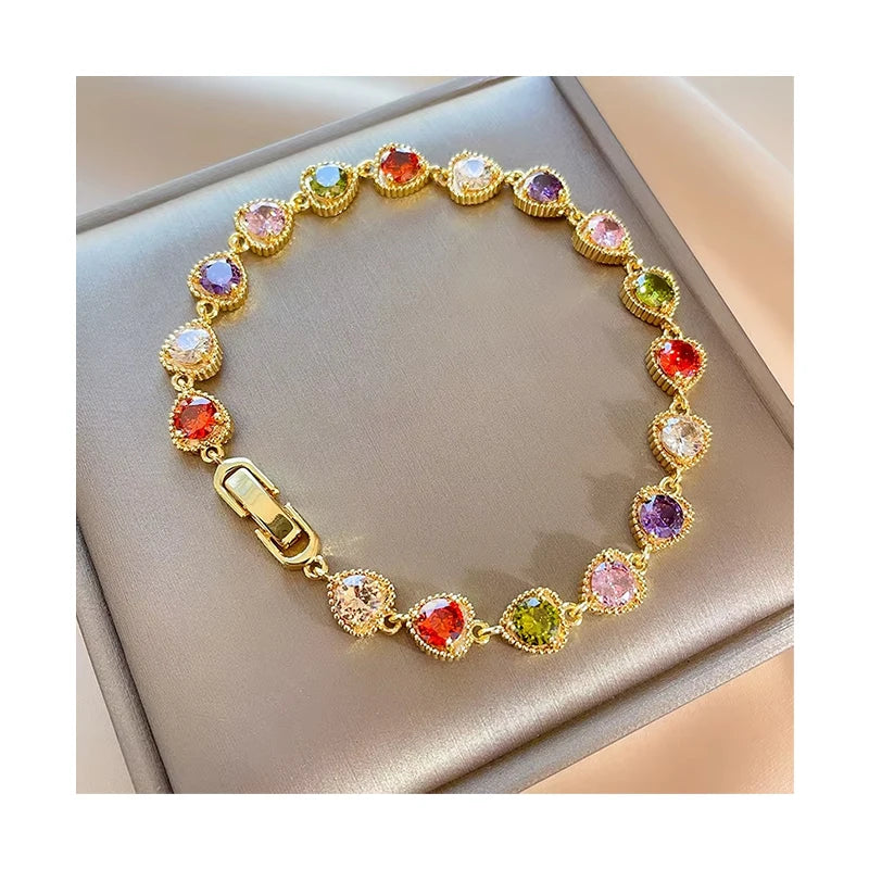 High Quality Fashion Charms Colorful Zircon Jewelry Luxury Women Natural Gemstone 18k Gold Plated Heart Bracelet