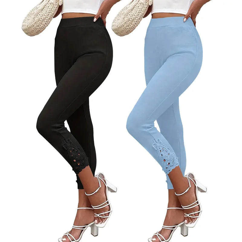 Factory Direct Selling High Waist Slim Cropped Pants Lace Hem Skinny Solid Color Gym Wear Yoga Capri Leggings