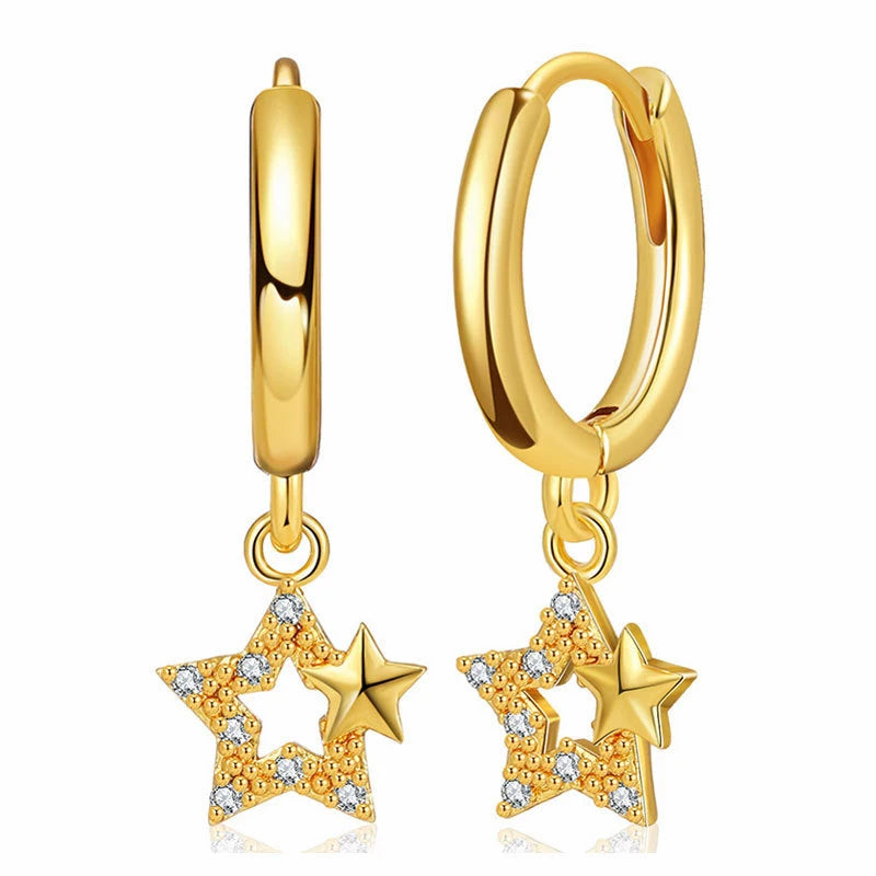 New Arrive Design 18K Gold Plating Huggie Star Drop Earring Hollow Hoop Zircon Star Earring with Rhinestone for Girls Jewelry
