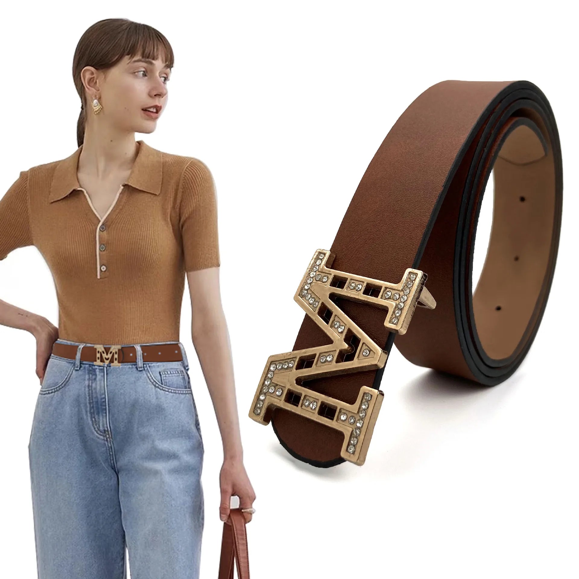 Ladies Diamond Belt Fashion M Buckle Belt PU Waist Belts for Ladies