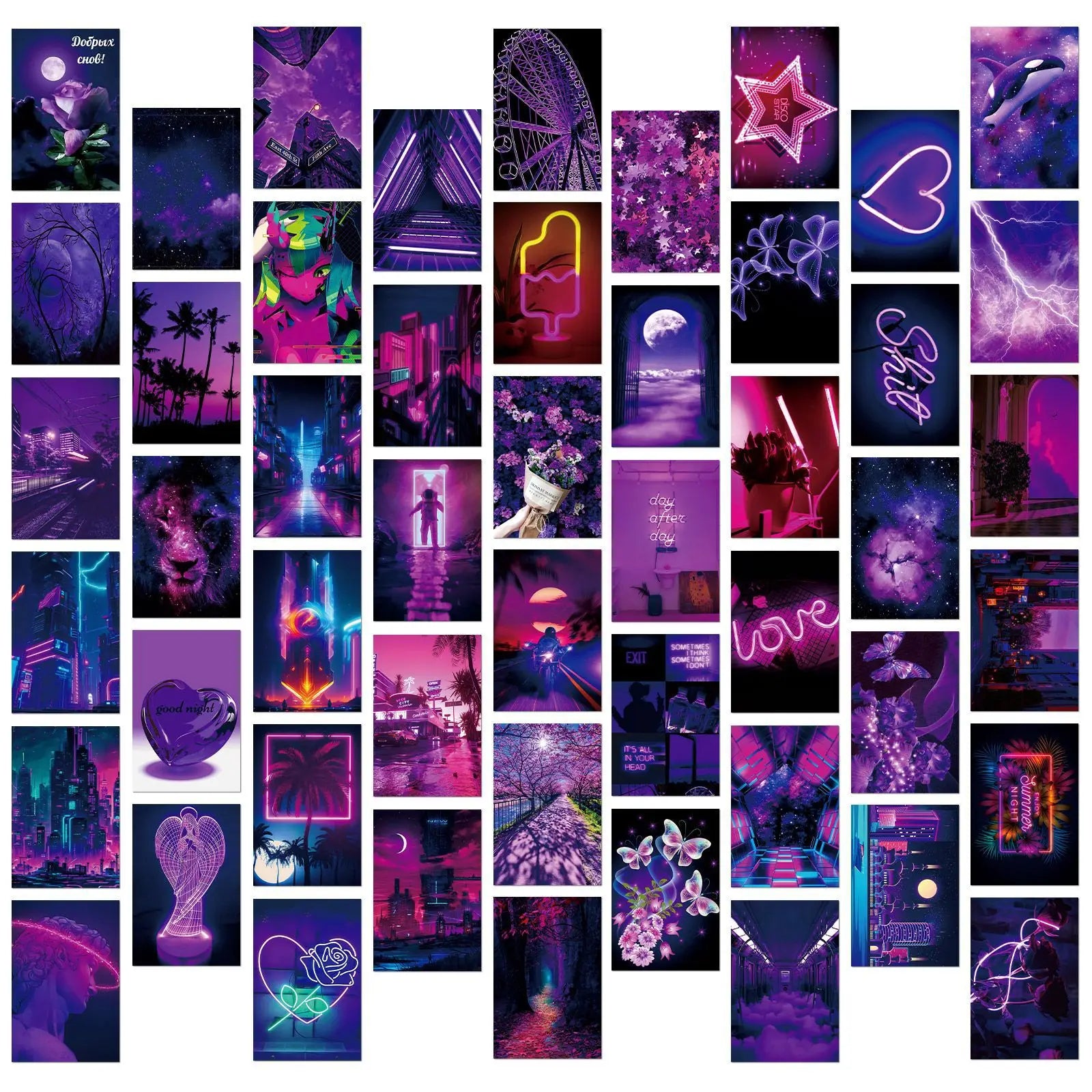 15CM 50PCS Fashional Cool Purple Abstract Collage Urban Landscape Neon Dreamy Art Poster