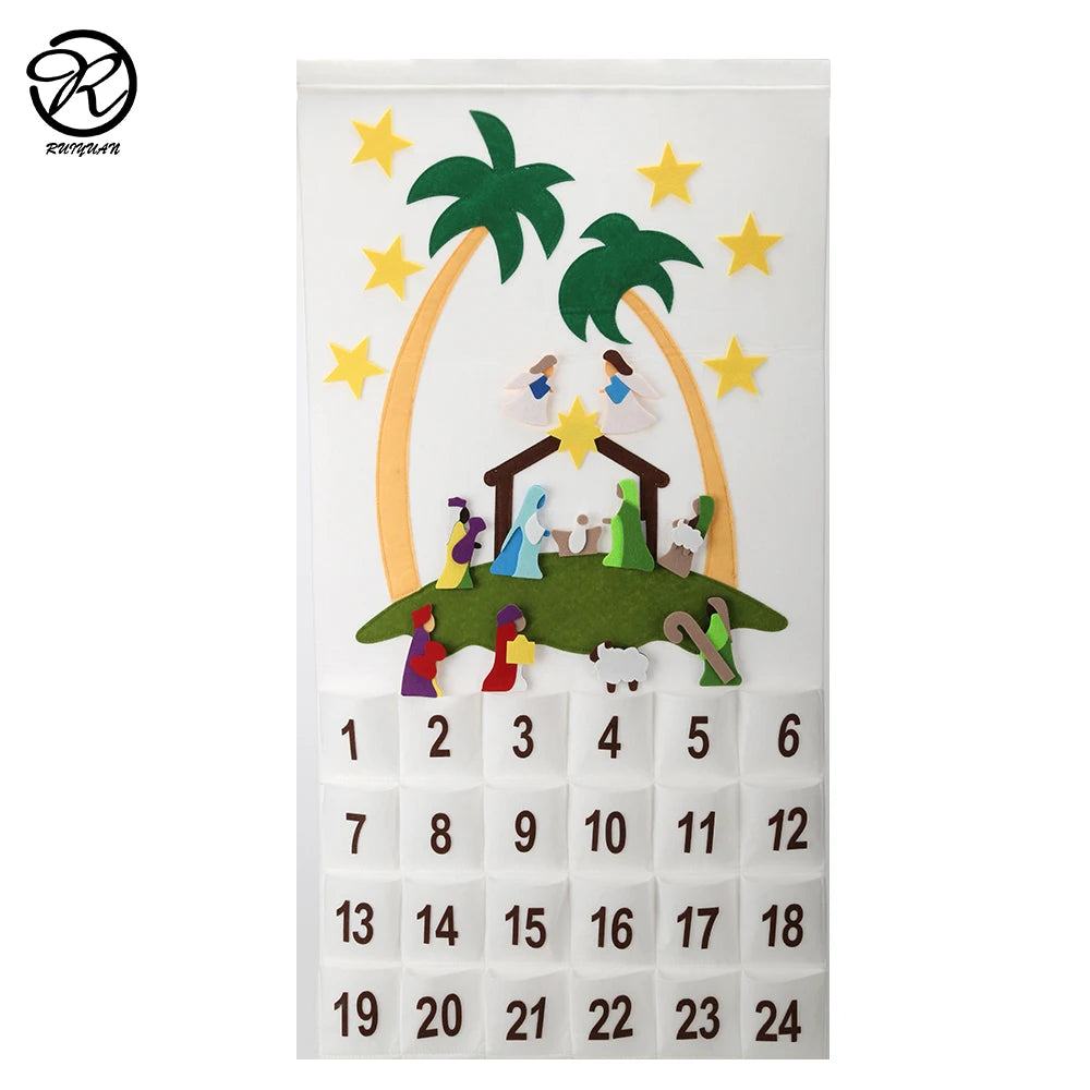 White Nativity Christmas Calendar Felt Countdown Advent Calendar Christmas Toddler Kids Diy Toy Home Decoration