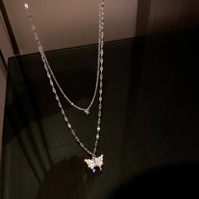 Shiny Party Jewelry White Zircon Crystal Butterfly Pendant Necklace Double Layered Rhinestone Butterfly Necklace for Women