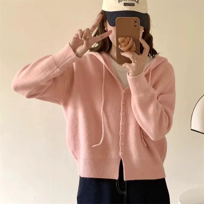 Manufacturer Oem/odm Service Autumn Hooded Women Cardigan Sweater Single Breasted Button Knitwear Cardigan Jacket