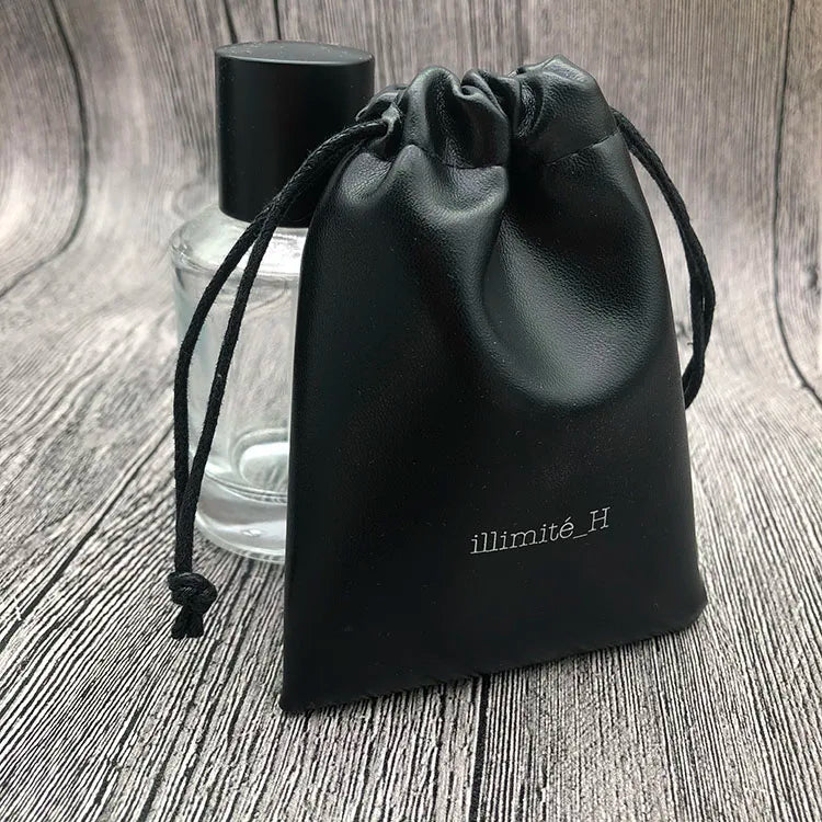 Black Drawstring Pu Leather Perfume Pouch with logo