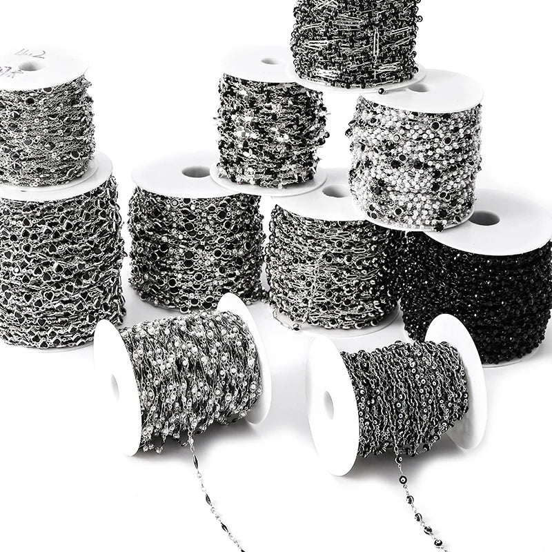 1metre 12 Styles Copper Black Glass Zircon Arrangement Trim Metal Chain Stitched for Wedding Dress Bag Decoration Accessories Y7