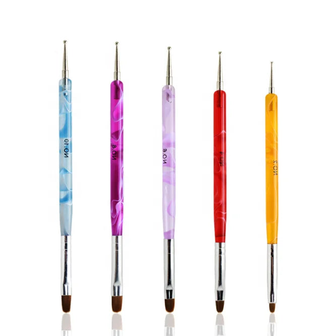 Hot Sale 5Pcs Different Color Handle Oval Gel Brush #2 #4 #6 #8 #10 Nail Brush Set with Dotting Tools