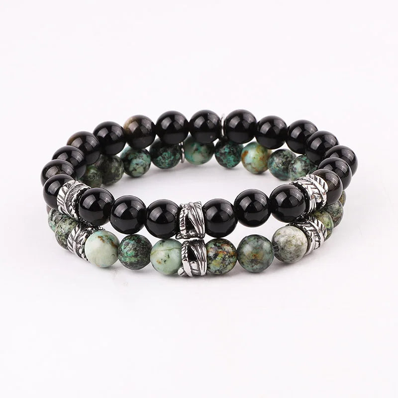 Jewelry Factory Making Natural Stone Custom Logo Stainless Steel Leaf Charm Beaded Elastic Bracelet Men