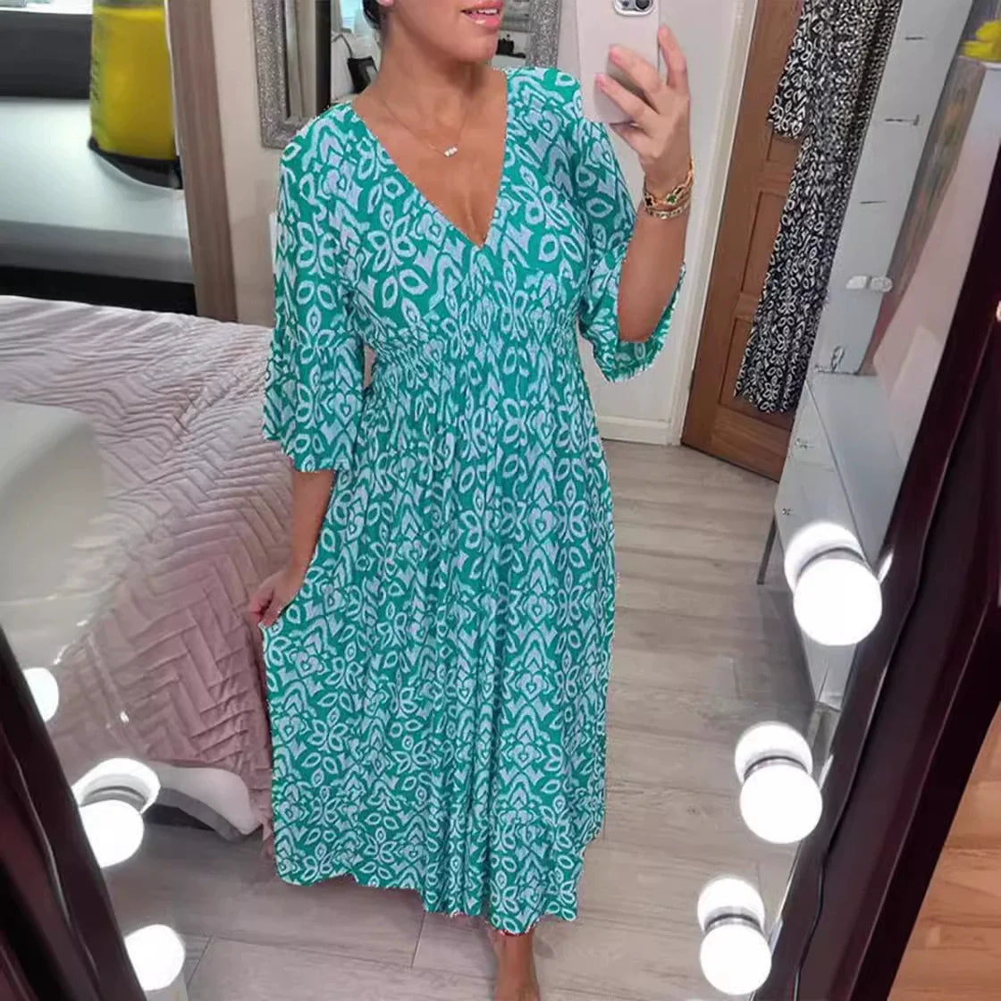 S-5XL New Oversized V-neck Floral Dress Beach Vacation Beach Dress Loose Long Dress