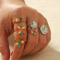 Wholesale Open Adjustable Stainless Steel Women's Jewelry Pink Enamel Fish Daisy Flower Rings Oval Cut Fashionable Non-Tarnish