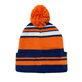 Wholesale Custom Embroidered Patch Logo Jacquard Game Striped Winter Hat Sports Knit Organic Cotton Beanie With Pom Winter Hats