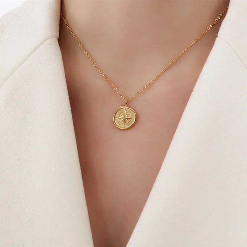 Nordic Antique Style North Star 18K Gold Stainless Steel Irregular Coin Compass Pendant Necklace