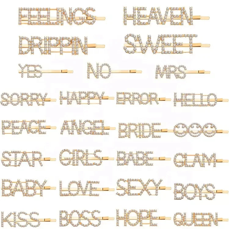 Hot Sale Custom Letters Hair Clips Gold Black Words Bling Crystal Letters Rhinestone Hair Pins for Girls Hair Accessories