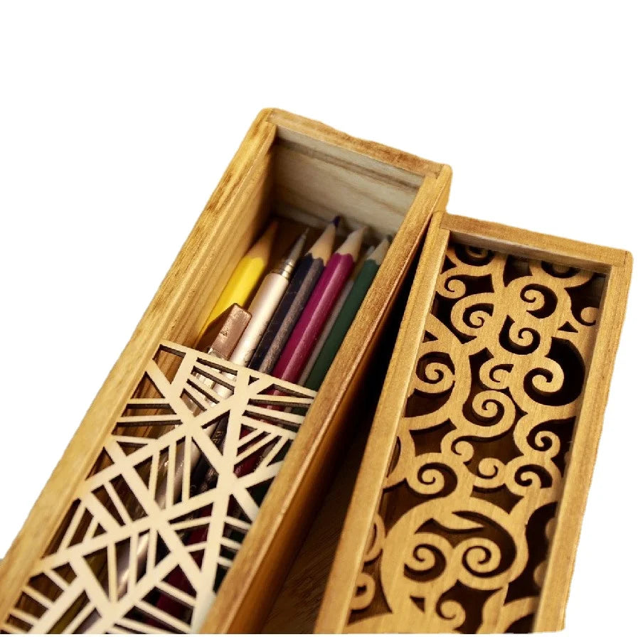Creative Multi-functional Pencil case Storage Box Luxury Wooden Lacy Hollow Wooden Pencil Pen Packaging case Boxes