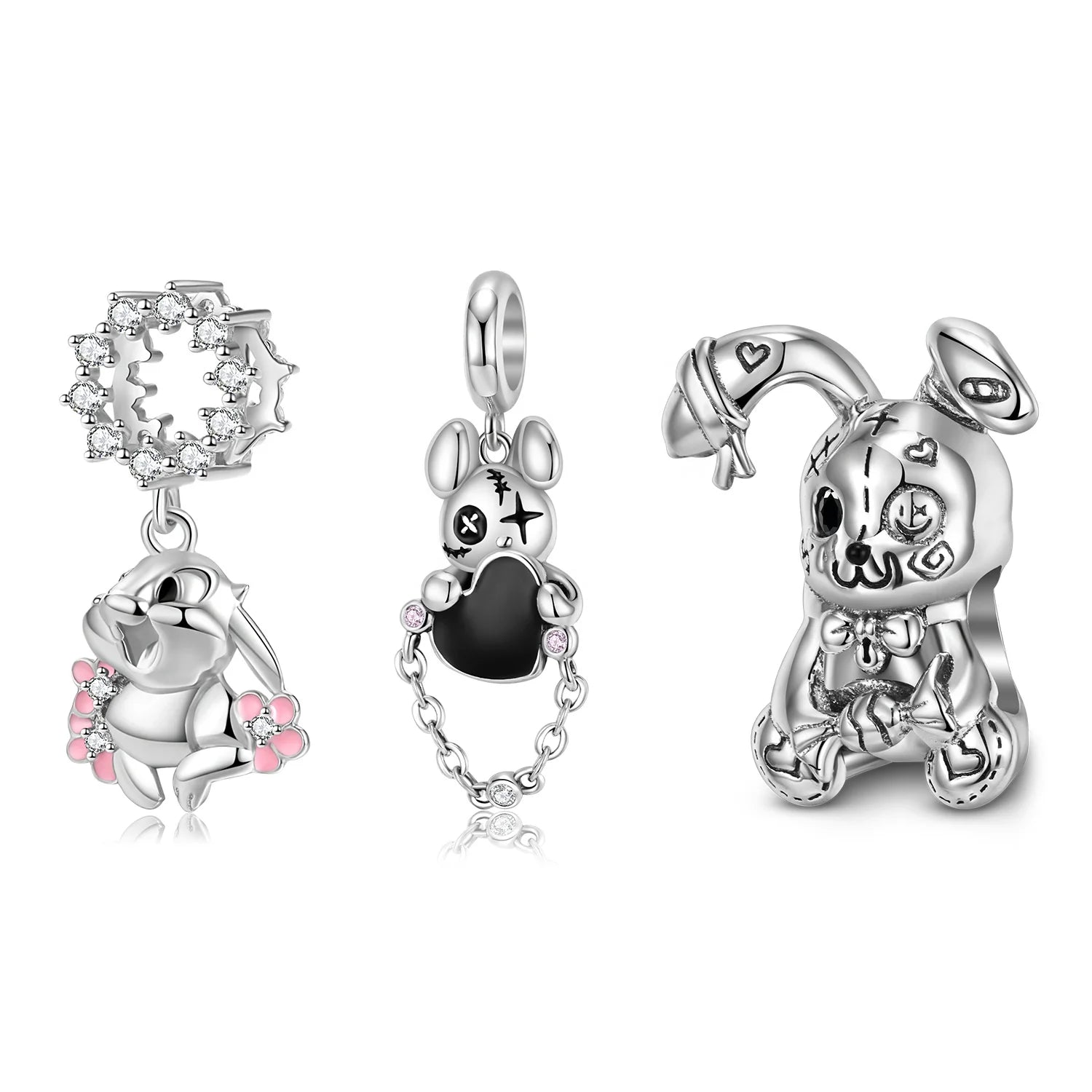 Cute Pink Flower Bunny Charm 925 Sterling Silver Violent Rabbit Embrace Love Pendant Beads for Women Jewelry Bracelet Charms