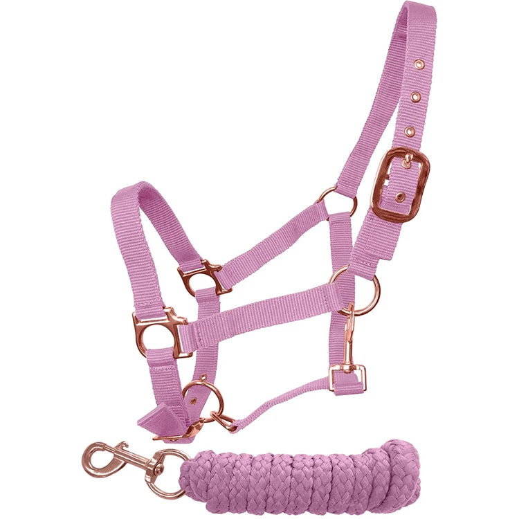 Colorful Adjustable Nylon Horse Head-collar Lead Rope Set With Rose Gold Fittings Horse and Matching Lead Rope