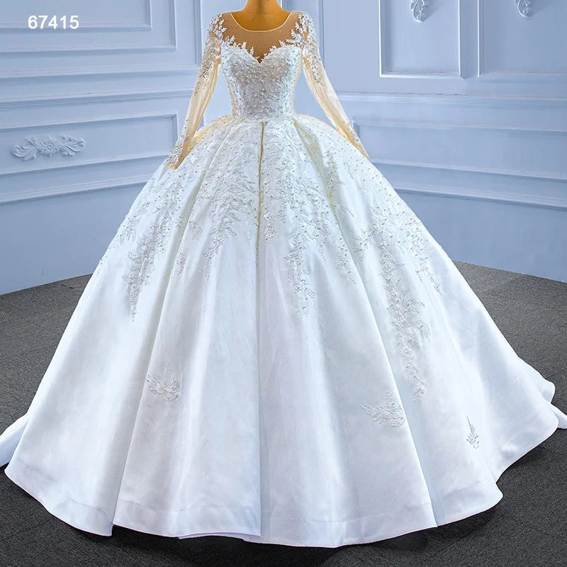 Jancember RSM67415 White Tulle Beaded Long Sleeve Embroidery Flower Wedding Dresses