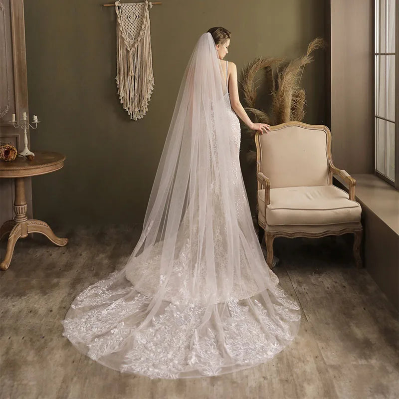 SLBRIDAL One-Layers White Lace Flower Cathedral Bridal Veils With Combs Wedding Veils Wedding Wear Accessories for Bride Mariage