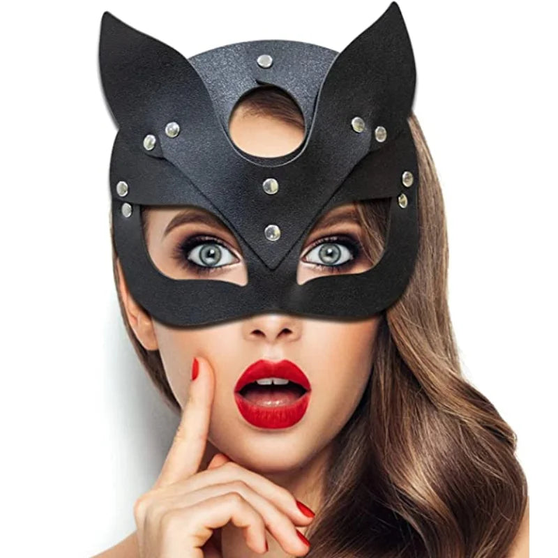 Faux Leather Half Face Cover Women Masquerade Black Mysterious Mask Cat Face Mask for Night Club Cocktail Cosplay