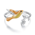 925 Sterling Silver Yellow Warbler Open Ring Leaf Heart Zircon Adjustable Band for OL Women Party Original Fine Jewelry BSR661